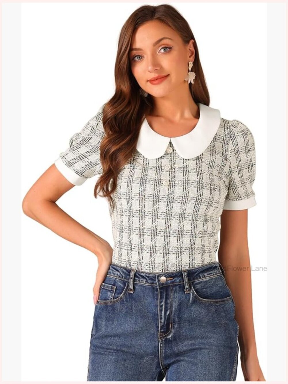Vintage Tweed Peter Pan Collar Short Sleeve Blouse Button Decor Top